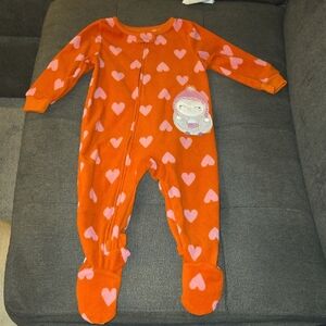 Carter's Fleece Orange Footie with Pink Hearts and Penguin Patch